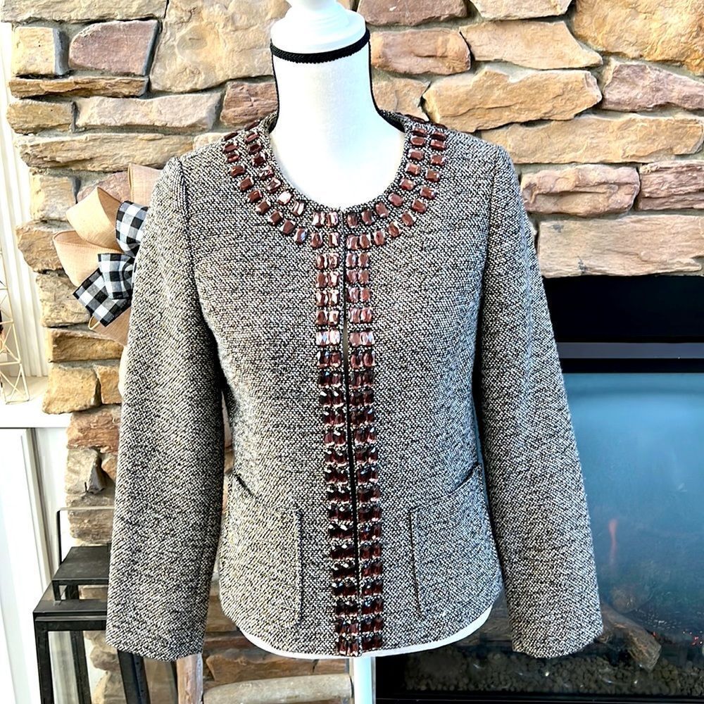 Dana Buchman tweed blazer jacket with gold metallic thread and jewel adornment